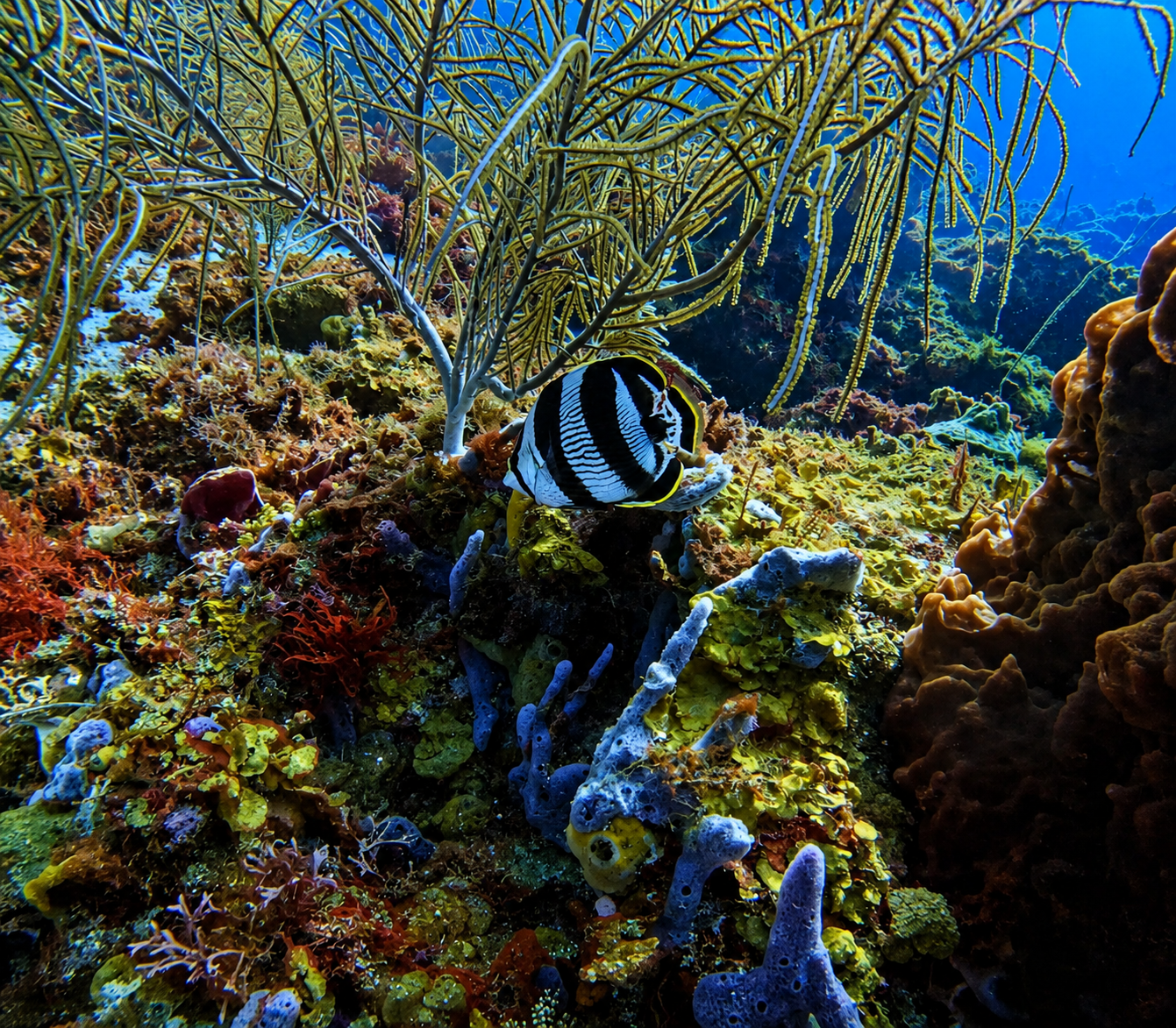 A banded butterflyfish among sea fans and colourful coral on a Saint Lucia reef