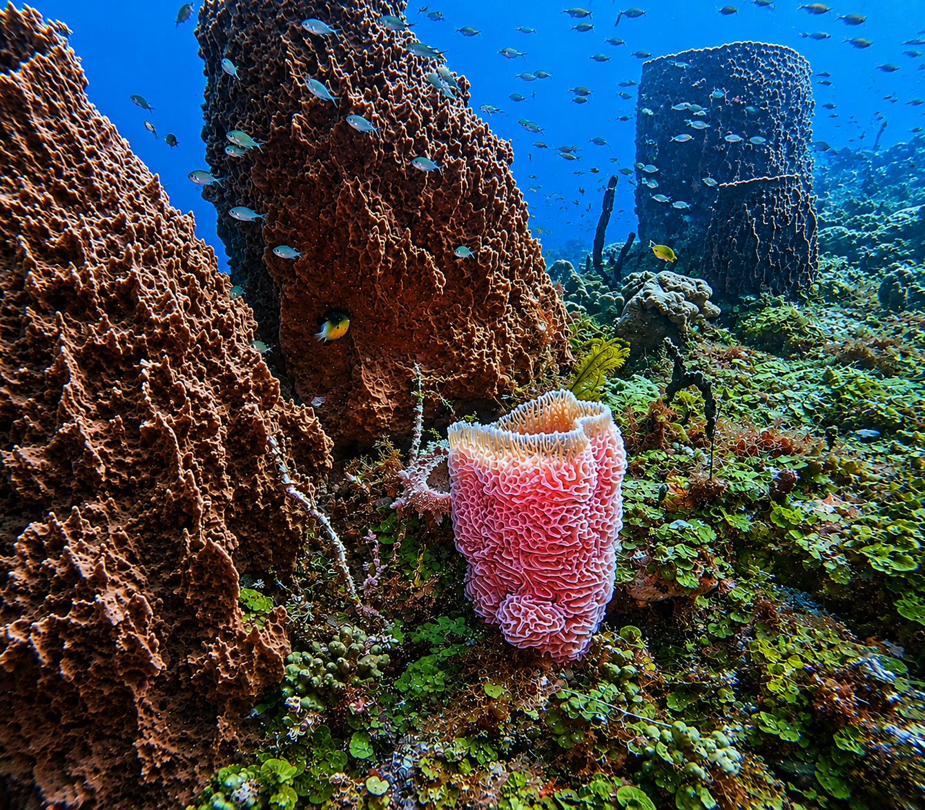 Barrel sponges and a school of fish on a Saint Lucia coral reef