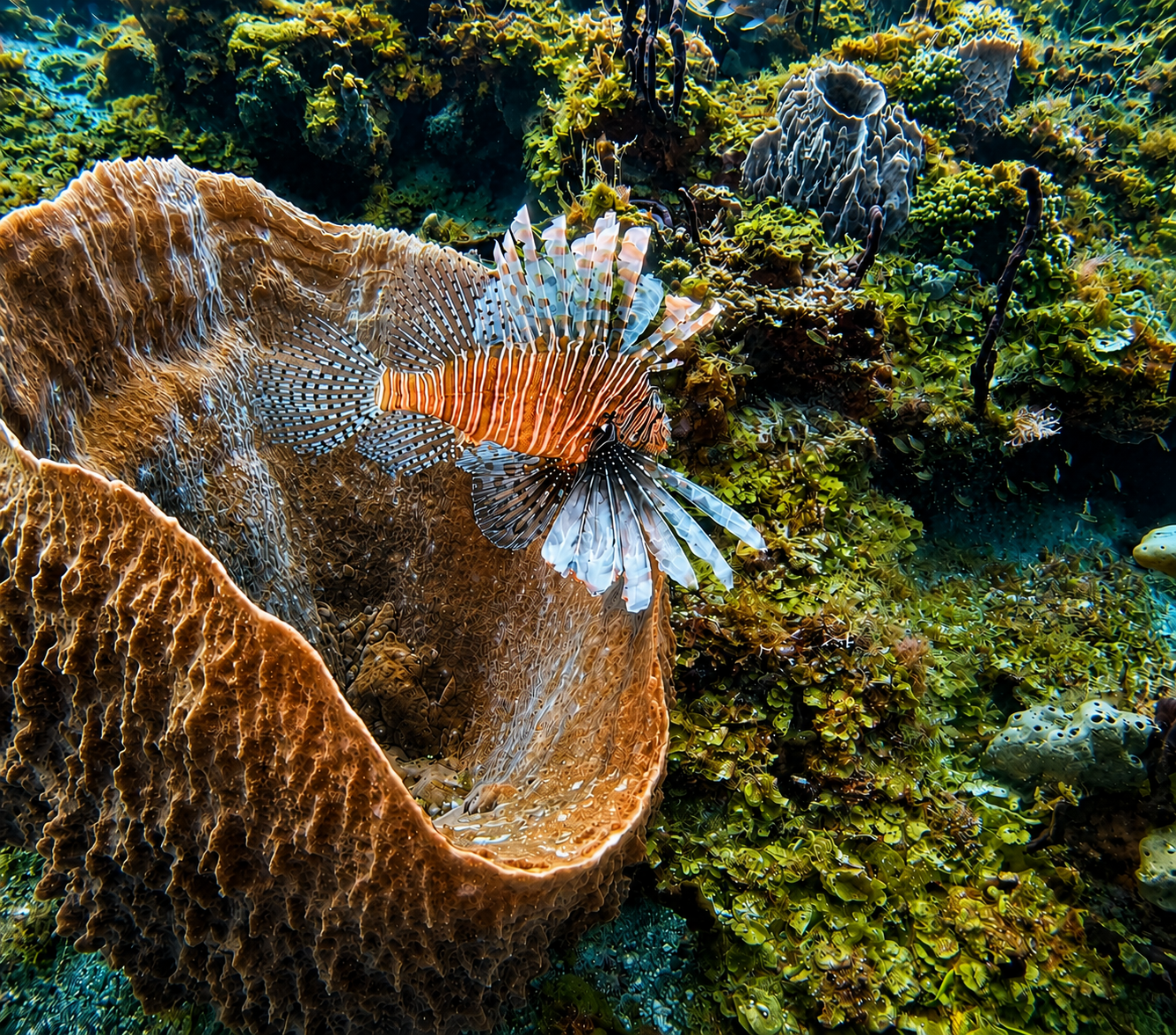 A lionfish resting inside a barrel sponge on a Saint Lucia reef