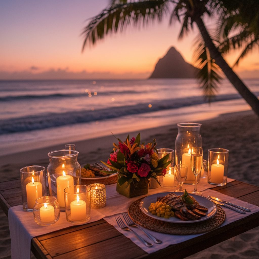 Couple dining at sunset overlooking the Pitons in Saint Lucia